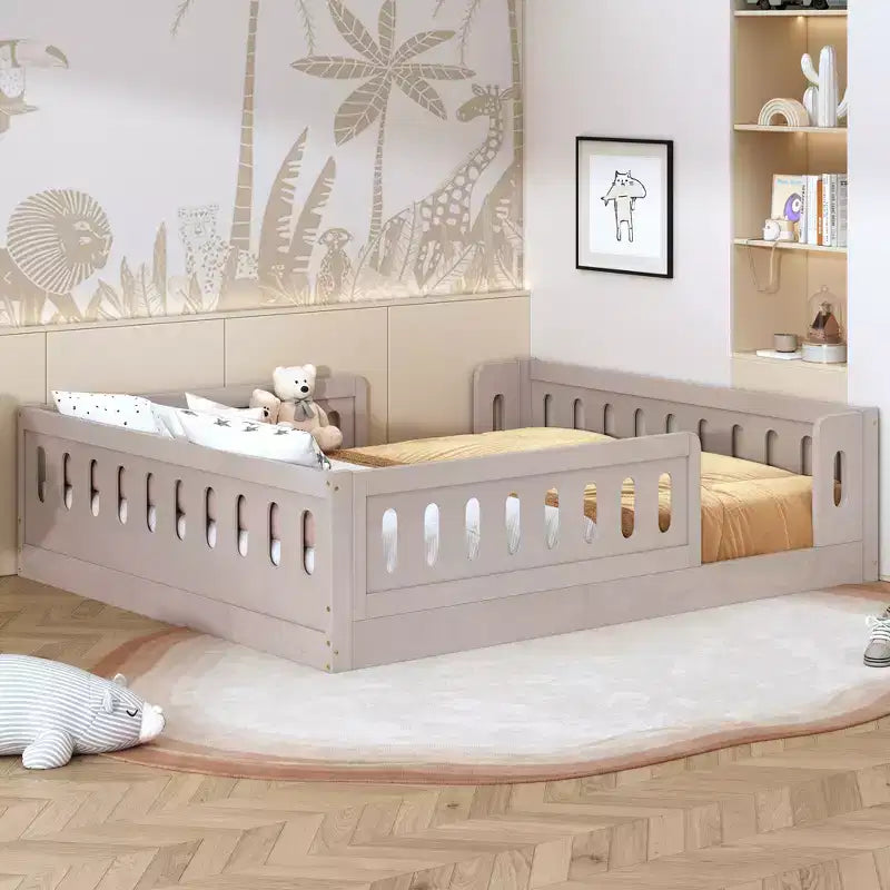 Full Size Floor Platform Bed with Fence, Wooden Montessori Bed with Safety Guardrails for Boys Girls