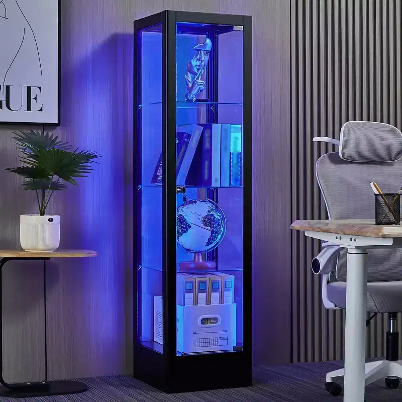 Vitrine d'exposition en verre à 4 niveaux avec serrure, vitrine Curio de 63 pouces avec porte en verre trempé et étagères réglables