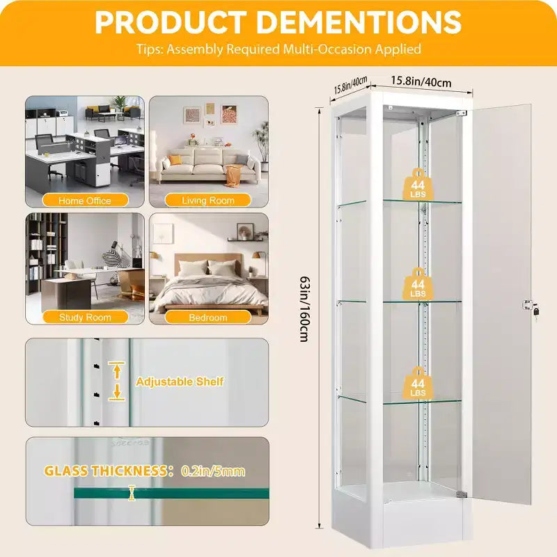 Vitrine d'exposition en verre à 4 niveaux avec serrure, vitrine Curio de 63 pouces avec porte en verre trempé et étagères réglables