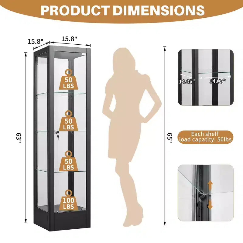 Vitrine d'exposition en verre à 4 niveaux avec serrure, vitrine Curio de 63 pouces avec porte en verre trempé et étagères réglables