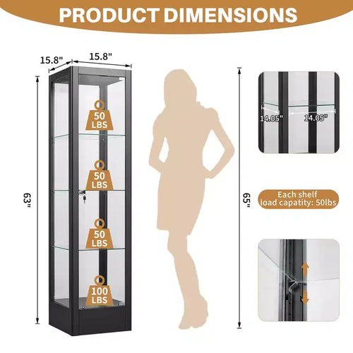 Vitrine d'exposition en verre à 4 niveaux avec serrure, vitrine Curio de 63 pouces avec porte en verre trempé et étagères réglables