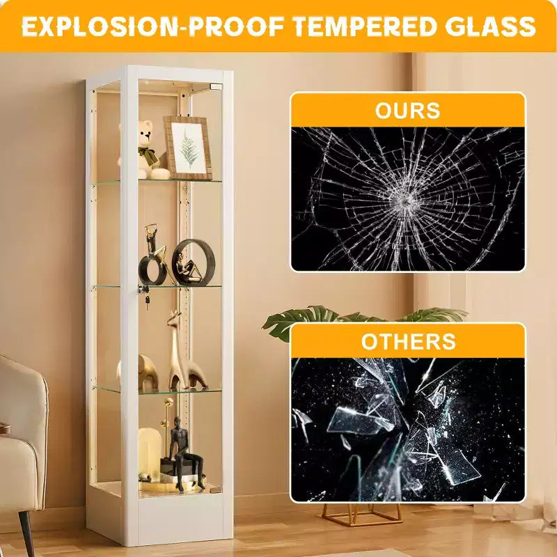 Vitrine d'exposition en verre à 4 niveaux avec serrure, vitrine Curio de 63 pouces avec porte en verre trempé et étagères réglables