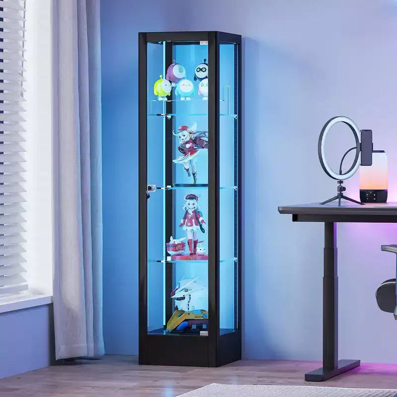 Vitrine d'exposition en verre à 4 niveaux avec serrure, vitrine Curio de 63 pouces avec porte en verre trempé et étagères réglables