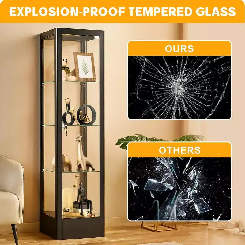 Vitrine d'exposition en verre à 4 niveaux avec serrure, vitrine Curio de 63 pouces avec porte en verre trempé et étagères réglables