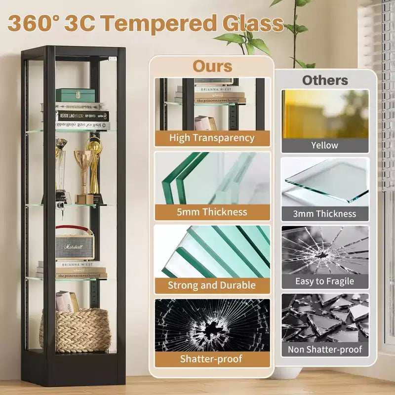 Vitrine d'exposition en verre à 4 niveaux avec serrure, vitrine Curio de 63 pouces avec porte en verre trempé et étagères réglables