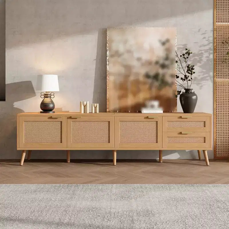 Modern TV Stand for TVs up to 80, 70 Wooden Entertainment Center with Storage &amp; 2 Drawers, TV Console Table for Living Room Bedroom