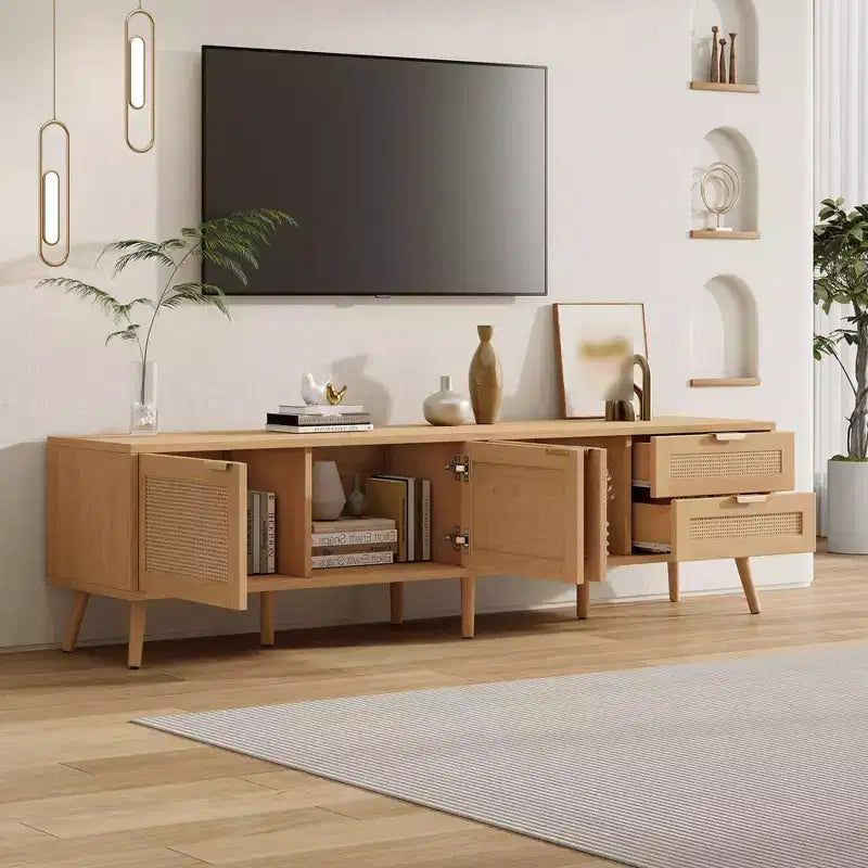 Meuble TV moderne pour téléviseurs jusqu'à 80 pouces, meuble de divertissement en bois de 70 pouces avec rangement et 2 tiroirs, table console TV pour salon et chambre à coucher