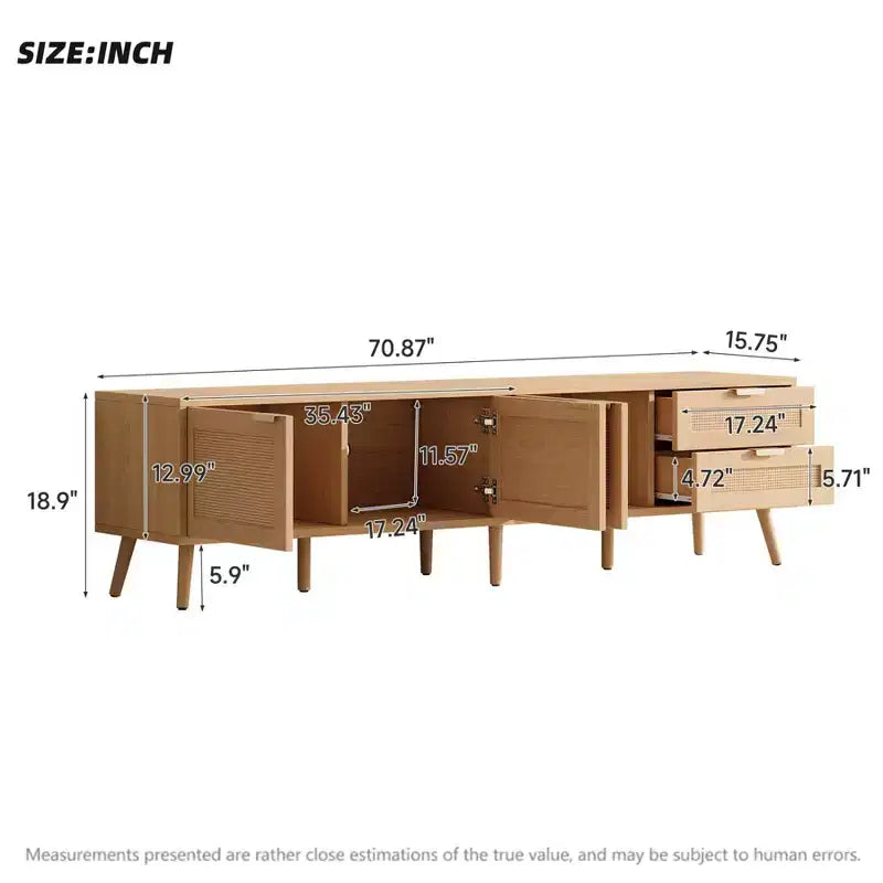 Meuble TV moderne pour téléviseurs jusqu'à 80 pouces, meuble de divertissement en bois de 70 pouces avec rangement et 2 tiroirs, table console TV pour salon et chambre à coucher