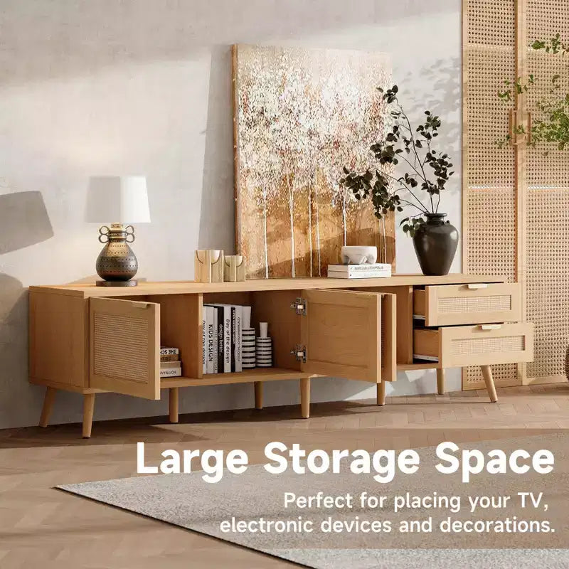 Meuble TV moderne pour téléviseurs jusqu'à 80 pouces, meuble de divertissement en bois de 70 pouces avec rangement et 2 tiroirs, table console TV pour salon et chambre à coucher