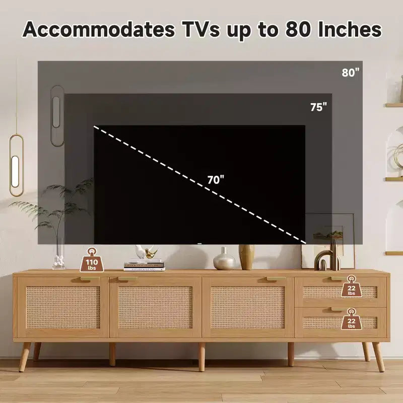 Meuble TV moderne pour téléviseurs jusqu'à 80 pouces, meuble de divertissement en bois de 70 pouces avec rangement et 2 tiroirs, table console TV pour salon et chambre à coucher