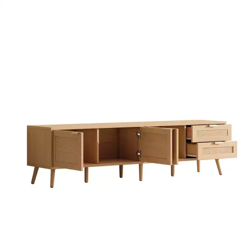 Meuble TV moderne pour téléviseurs jusqu'à 80 pouces, meuble de divertissement en bois de 70 pouces avec rangement et 2 tiroirs, table console TV pour salon et chambre à coucher
