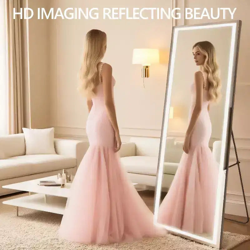 Miroir pleine longueur moderne avec LED réglable 3 couleurs Miroir mural, sur pied, à suspendre ou à poser pour salon, chambre, noir