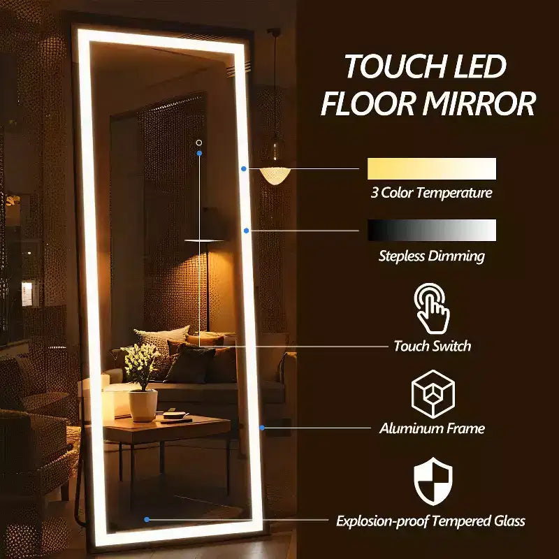 Miroir pleine longueur moderne avec LED réglable 3 couleurs Miroir mural, sur pied, à suspendre ou à poser pour salon, chambre, noir