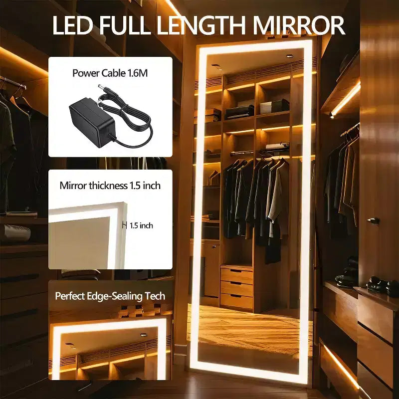 Miroir pleine longueur moderne avec LED réglable 3 couleurs Miroir mural, sur pied, à suspendre ou à poser pour salon, chambre, noir