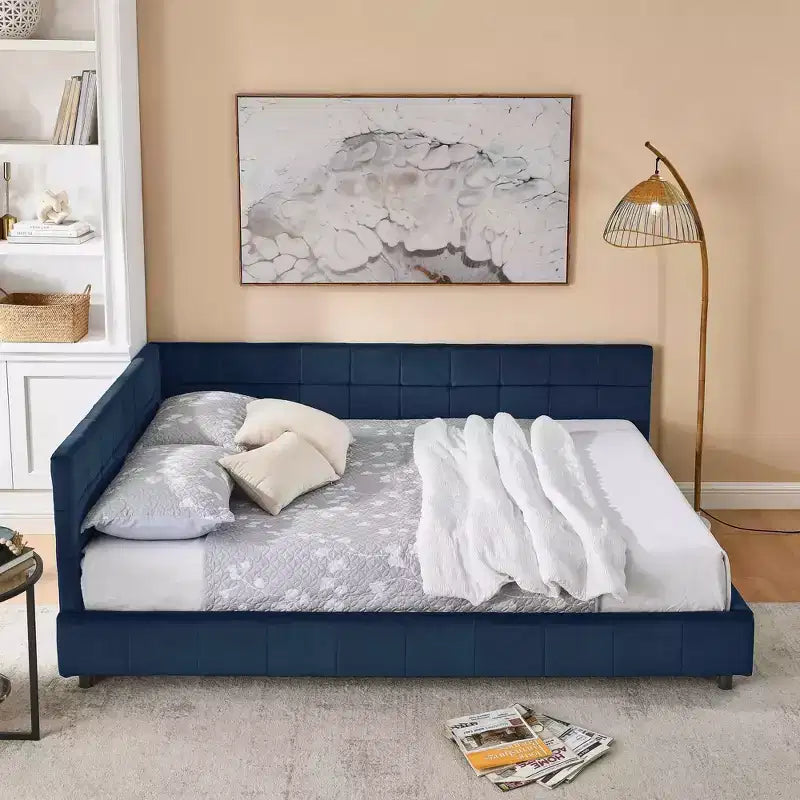 MAYEERTY Queen Size Upholstered Tufted Bed Frame with Backrest and Armrests Velvet for Bedroom Blue