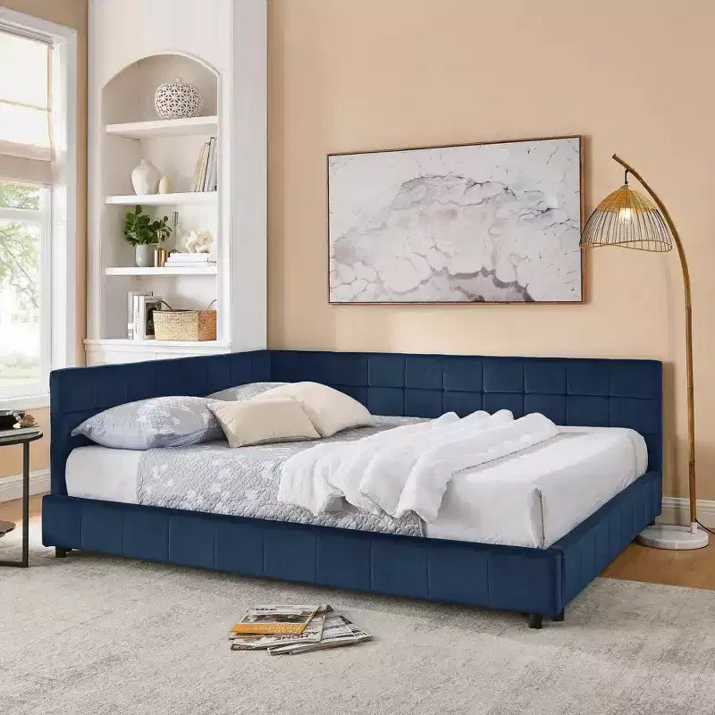 Cadre de lit capitonné Queen Size avec dossier et accoudoirs en velours pour chambre à coucher, bleu