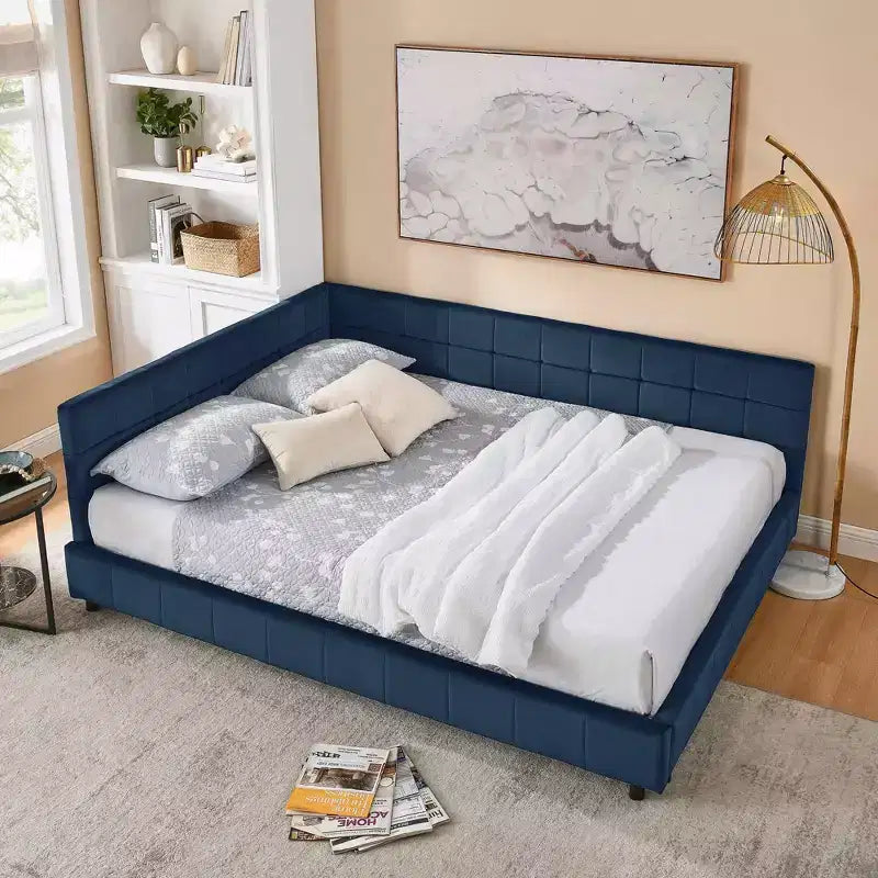 Cadre de lit capitonné Queen Size avec dossier et accoudoirs en velours pour chambre à coucher, bleu