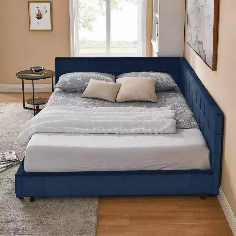 Cadre de lit capitonné Queen Size avec dossier et accoudoirs en velours pour chambre à coucher, bleu