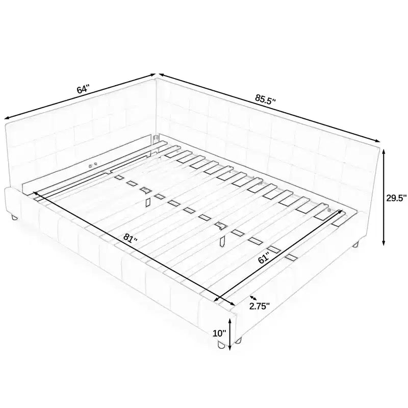 Cadre de lit capitonné Queen Size avec dossier et accoudoirs en velours pour chambre à coucher, bleu