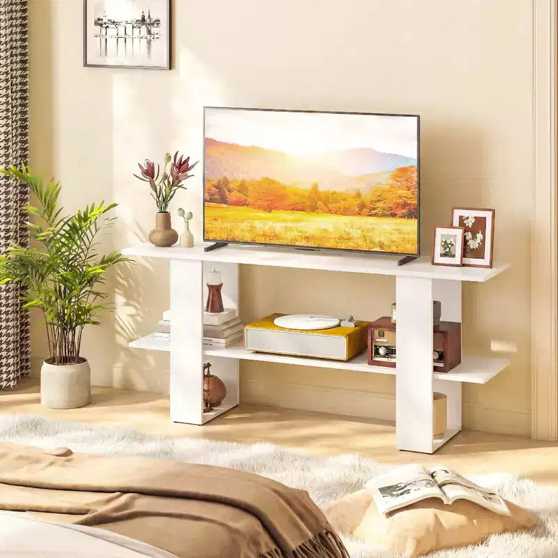 Meuble TV pour téléviseur jusqu'à 55 pouces Meuble de divertissement avec étagère de rangement pour chambre à coucher, marron rustique/blanc