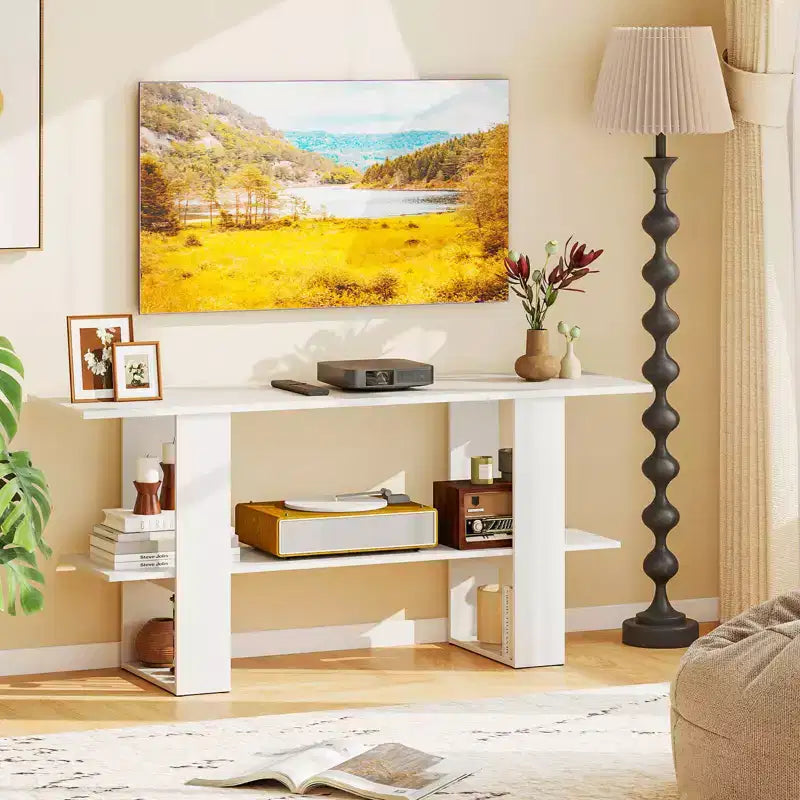 Meuble TV pour téléviseur jusqu'à 55 pouces Meuble de divertissement avec étagère de rangement pour chambre à coucher, marron rustique/blanc