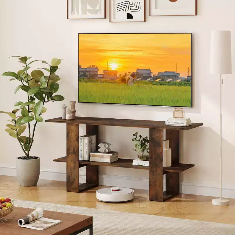 Meuble TV pour téléviseur jusqu'à 55 pouces Meuble de divertissement avec étagère de rangement pour chambre à coucher, marron rustique/blanc