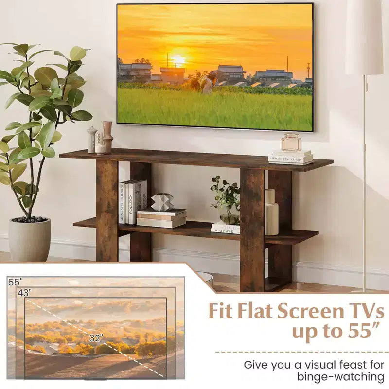 Meuble TV pour téléviseur jusqu'à 55 pouces Meuble de divertissement avec étagère de rangement pour chambre à coucher, marron rustique/blanc