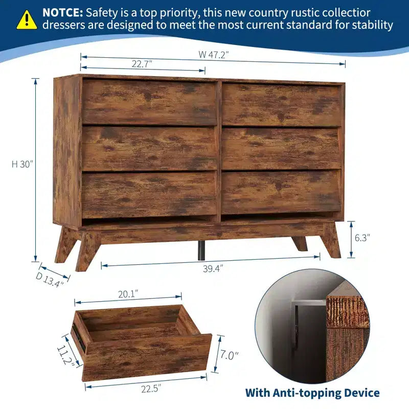 Commode large de 47 po à 6 tiroirs, bahut horizontal autoportant pour salon, chambre et entrée
