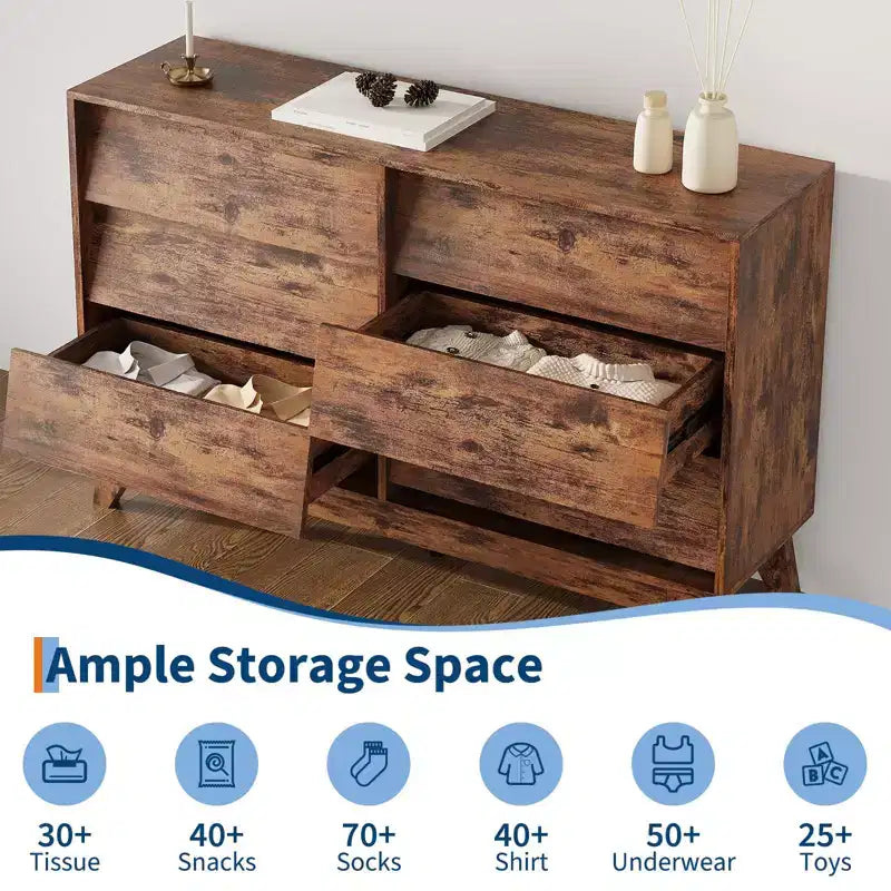 Commode large de 47 po à 6 tiroirs, bahut horizontal autoportant pour salon, chambre et entrée