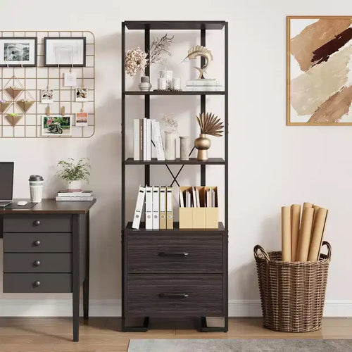 4 Tier Industrial Bookcase, X-Structure Stability With 2 Drawers, Ideal for Living Room, Bedroom, or Office