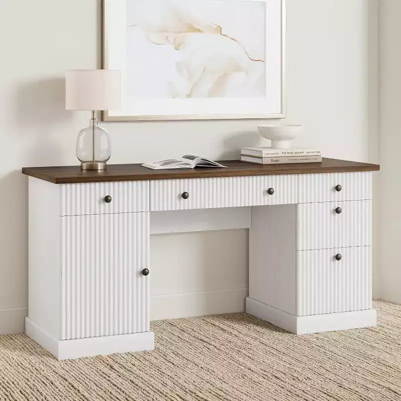 60 Home Office Desk, Fluted Executive Desk with File Drawers, Wooden Computer Desk with Charging Station for Study Room