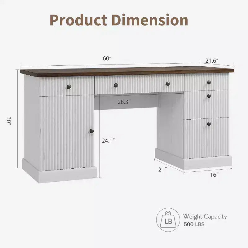 Bureau de télétravail de 60 po, bureau de direction cannelé avec tiroirs-classeurs, bureau d'ordinateur en bois avec station de recharge pour salle d'étude