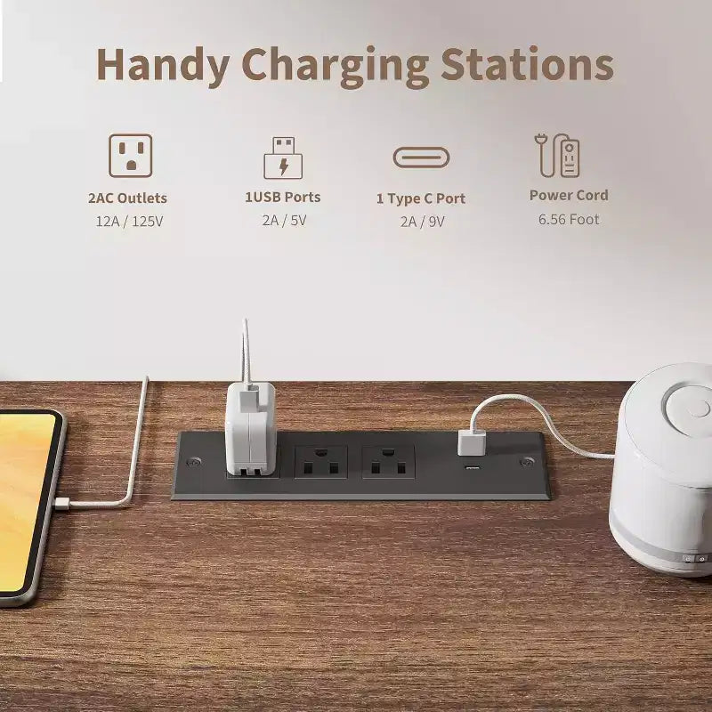 Bureau de télétravail de 60 po, bureau de direction cannelé avec tiroirs-classeurs, bureau d'ordinateur en bois avec station de recharge pour salle d'étude