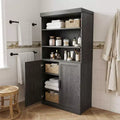 62 High Black Wooden Combination Bathroom Cabinet with Adjustable Shelves and 2 Doors, Open Storage for Bathroom Living Room Laundry Room