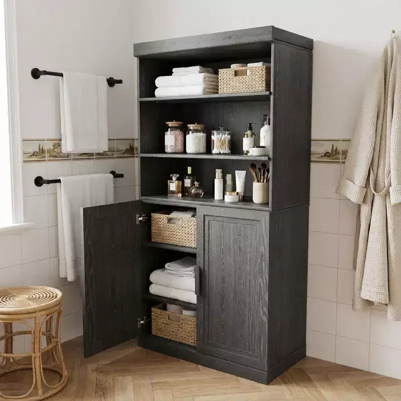 62 High Black Wooden Combination Bathroom Cabinet with Adjustable Shelves and 2 Doors, Open Storage for Bathroom Living Room Laundry Room
