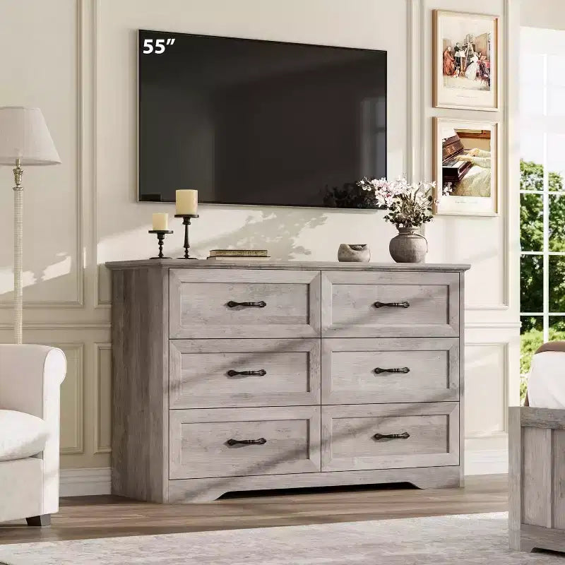 Commode 6 tiroirs pour chambre à coucher, armoire de rangement en bois de 47 po avec poignées en métal, commode moderne pour salon, couloir, placard