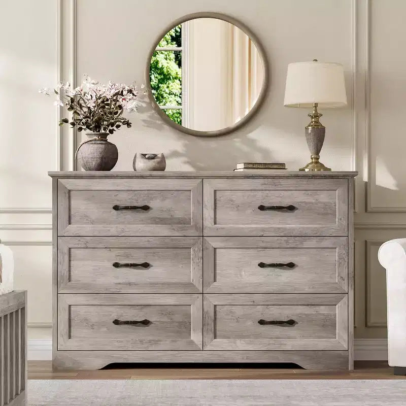 Commode 6 tiroirs pour chambre à coucher, armoire de rangement en bois de 47 po avec poignées en métal, commode moderne pour salon, couloir, placard
