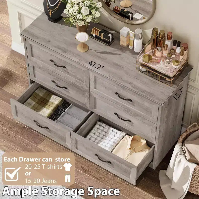 Commode 6 tiroirs pour chambre à coucher, armoire de rangement en bois de 47 po avec poignées en métal, commode moderne pour salon, couloir, placard