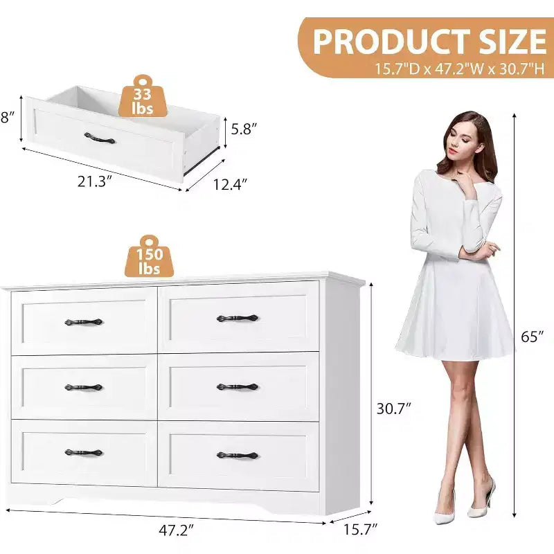 Commode 6 tiroirs pour chambre à coucher, armoire de rangement en bois de 47 po avec poignées en métal, commode moderne pour salon, couloir, placard