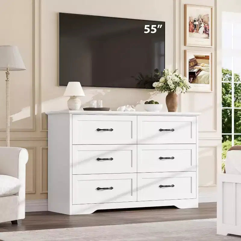 Commode 6 tiroirs pour chambre à coucher, armoire de rangement en bois de 47 po avec poignées en métal, commode moderne pour salon, couloir, placard