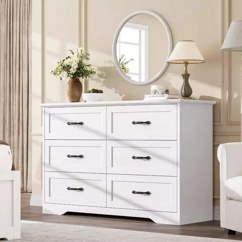 Commode 6 tiroirs pour chambre à coucher, armoire de rangement en bois de 47 po avec poignées en métal, commode moderne pour salon, couloir, placard