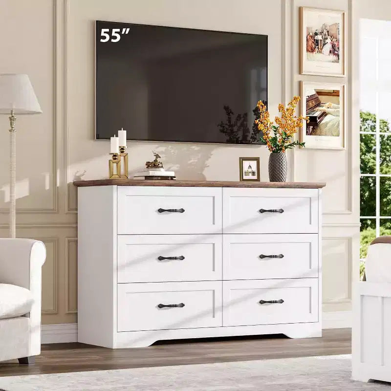 Commode 6 tiroirs pour chambre à coucher, armoire de rangement en bois de 47 po avec poignées en métal, commode moderne pour salon, couloir, placard