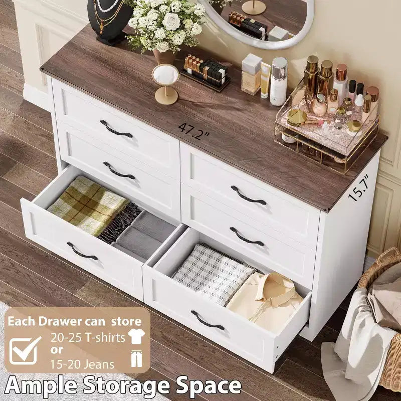 Commode 6 tiroirs pour chambre à coucher, armoire de rangement en bois de 47 po avec poignées en métal, commode moderne pour salon, couloir, placard