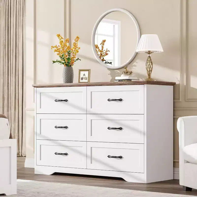 Commode 6 tiroirs pour chambre à coucher, armoire de rangement en bois de 47 po avec poignées en métal, commode moderne pour salon, couloir, placard