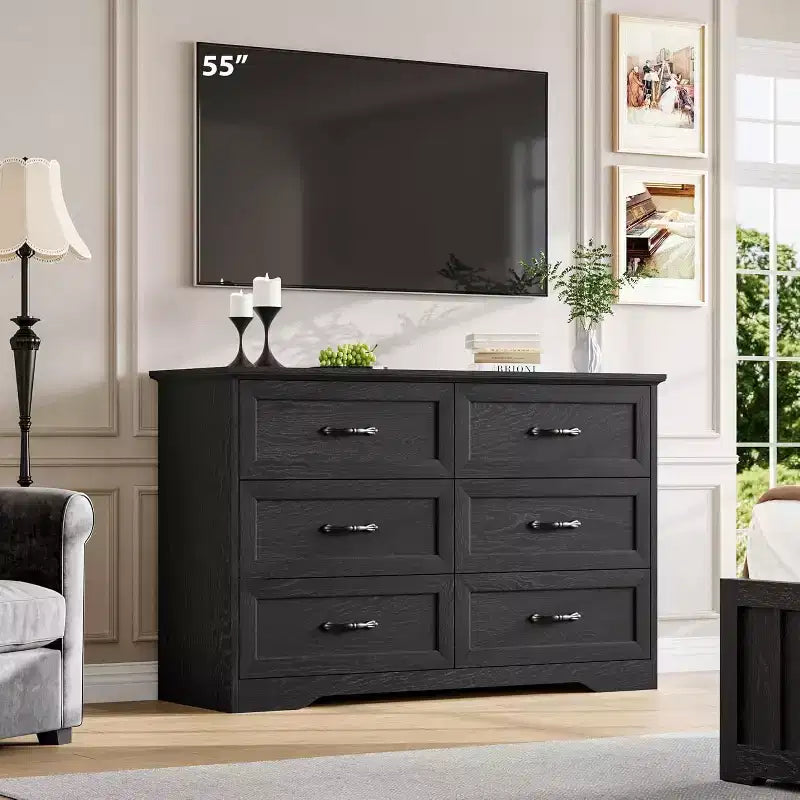 Commode 6 tiroirs pour chambre à coucher, armoire de rangement en bois de 47 po avec poignées en métal, commode moderne pour salon, couloir, placard