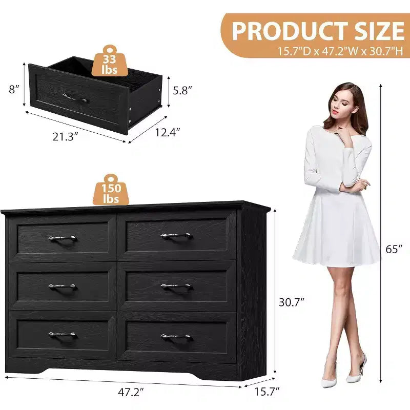 Commode 6 tiroirs pour chambre à coucher, armoire de rangement en bois de 47 po avec poignées en métal, commode moderne pour salon, couloir, placard