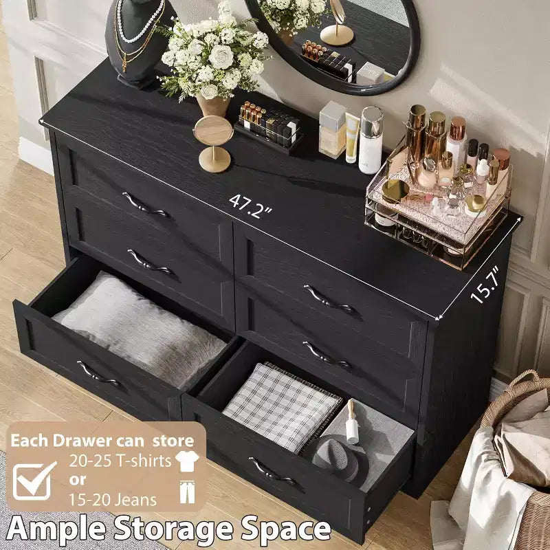 Commode 6 tiroirs pour chambre à coucher, armoire de rangement en bois de 47 po avec poignées en métal, commode moderne pour salon, couloir, placard