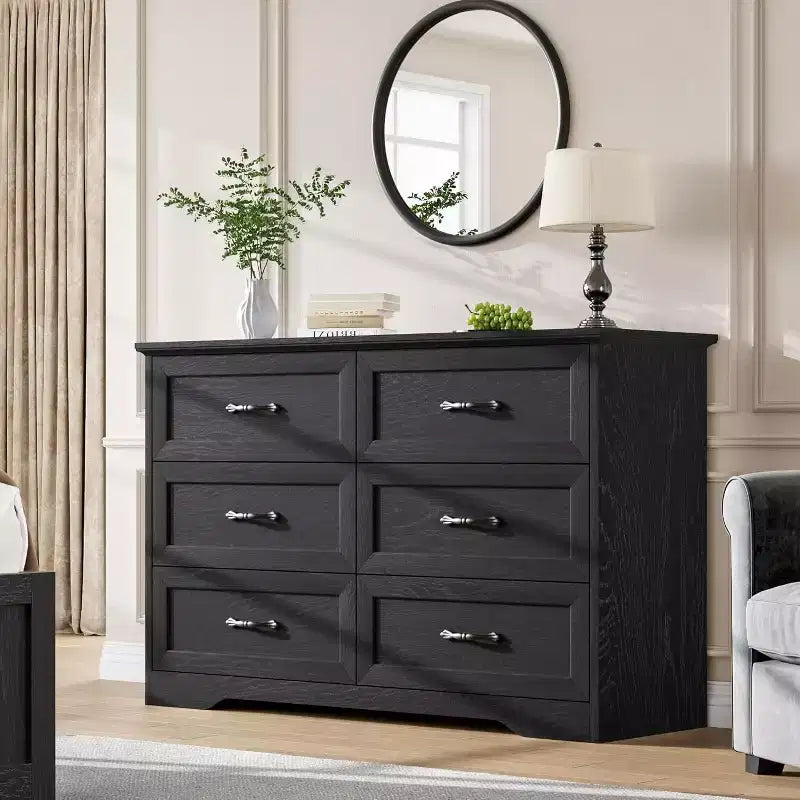 Commode 6 tiroirs pour chambre à coucher, armoire de rangement en bois de 47 po avec poignées en métal, commode moderne pour salon, couloir, placard