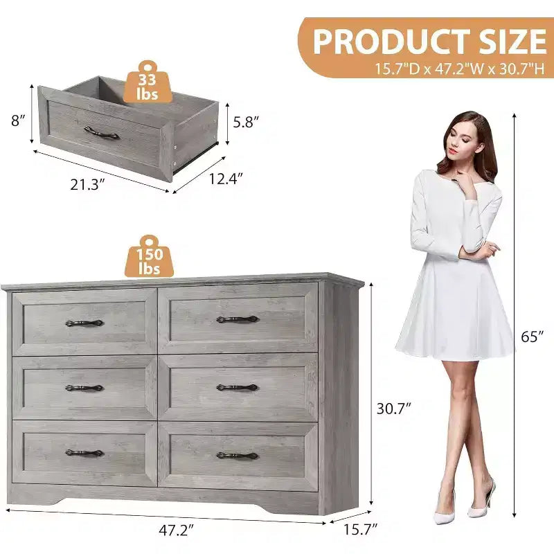 Commode 6 tiroirs pour chambre à coucher, armoire de rangement en bois de 47 po avec poignées en métal, commode moderne pour salon, couloir, placard