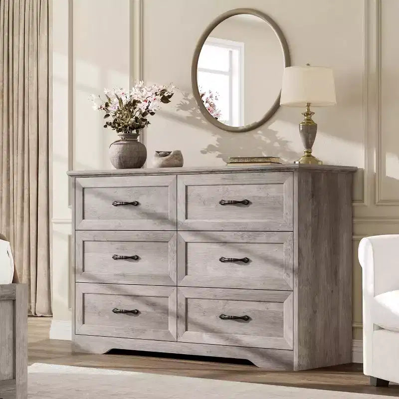 Commode 6 tiroirs pour chambre à coucher, armoire de rangement en bois de 47 po avec poignées en métal, commode moderne pour salon, couloir, placard